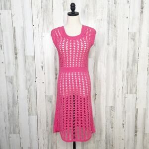 Vintage Handmade Crochet Open Knit Dress Pink Coverup Granny Core Beach Size XS